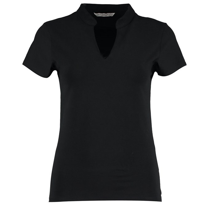 Women's corporate short sleeve top v-neck mandarin collar Black